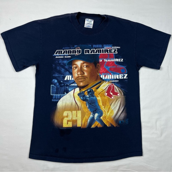 Vtg Boston Red Sox Manny Ramirez Mens T-Shirt Medium Y2K 2001 Dark Blue A6 - Picture 1 of 9